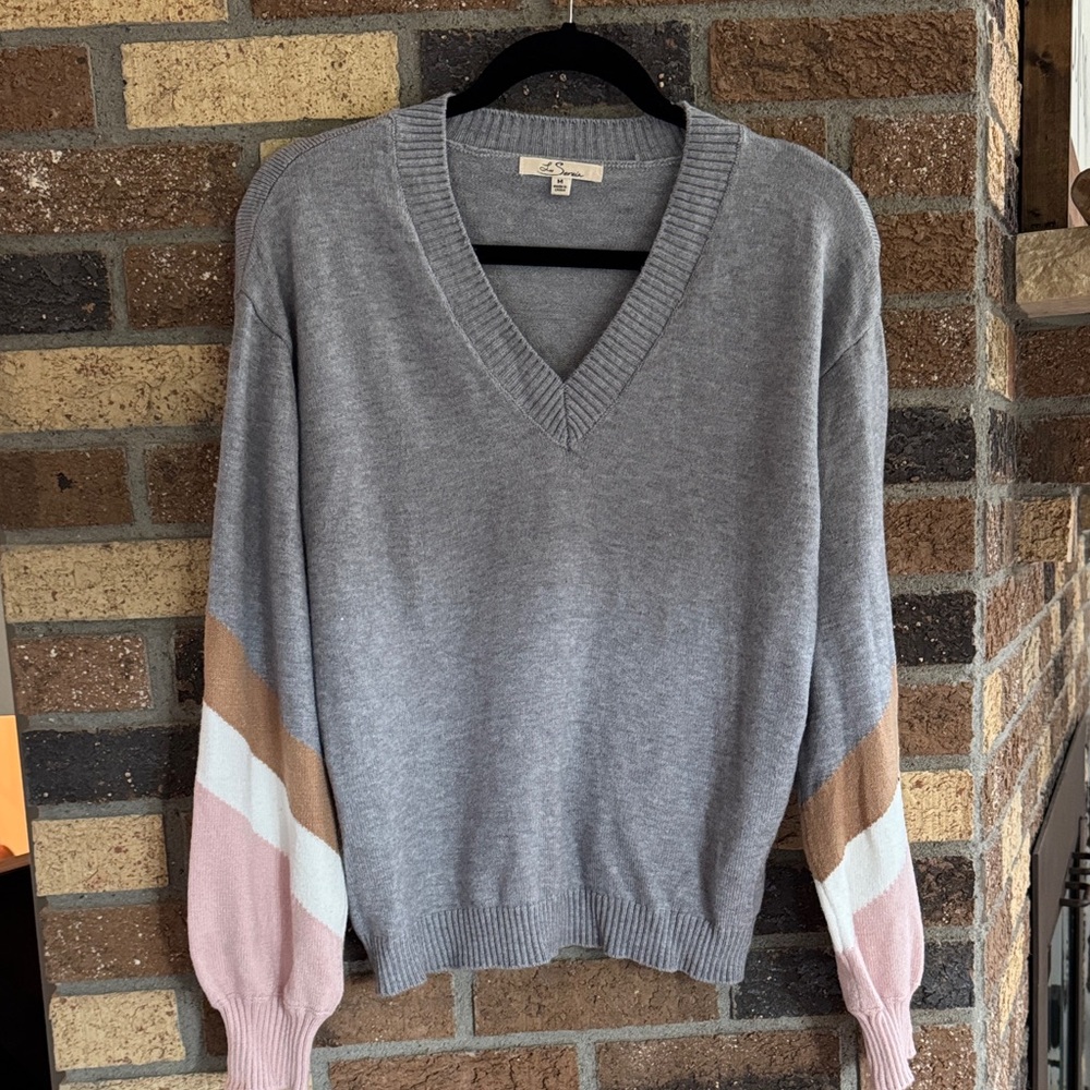 Gray V-Neck Sweater with Pink and Tan Stripes